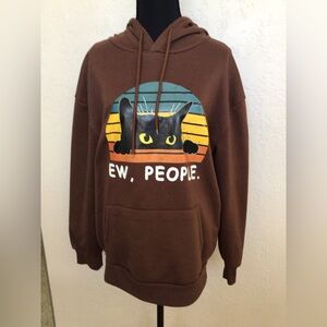 Brown Fleece Hoodie with Cat Graphic